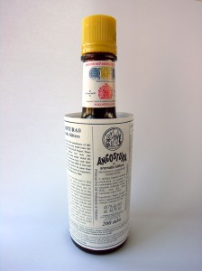 The unmistakable Angostura bottle with its characteristic oversized bottle label.